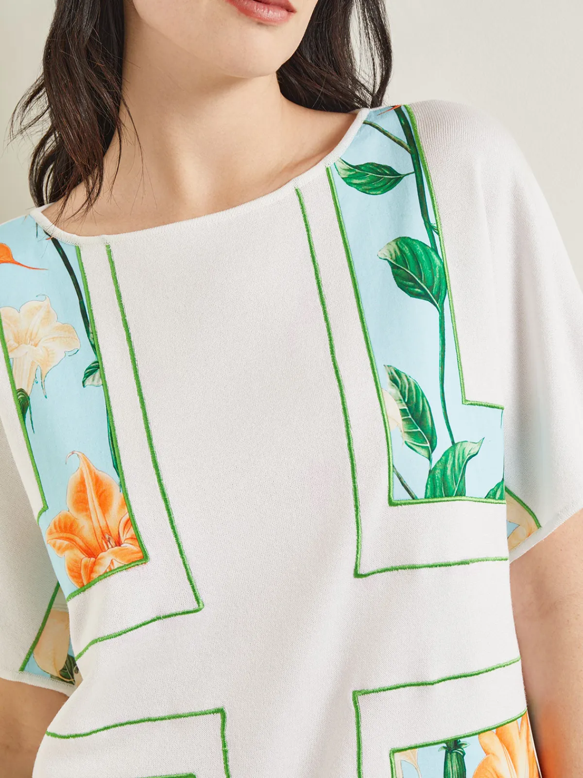 Tops & Tees|Misook Dolman Sleeve Boat Neck Tunic - Cotton Floral Panel Soft Knit White/CaribbeanMist/PeachBlossom/VerdantClover/PaleGold