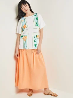 Tops & Tees|Misook Dolman Sleeve Boat Neck Tunic - Cotton Floral Panel Soft Knit White/CaribbeanMist/PeachBlossom/VerdantClover/PaleGold