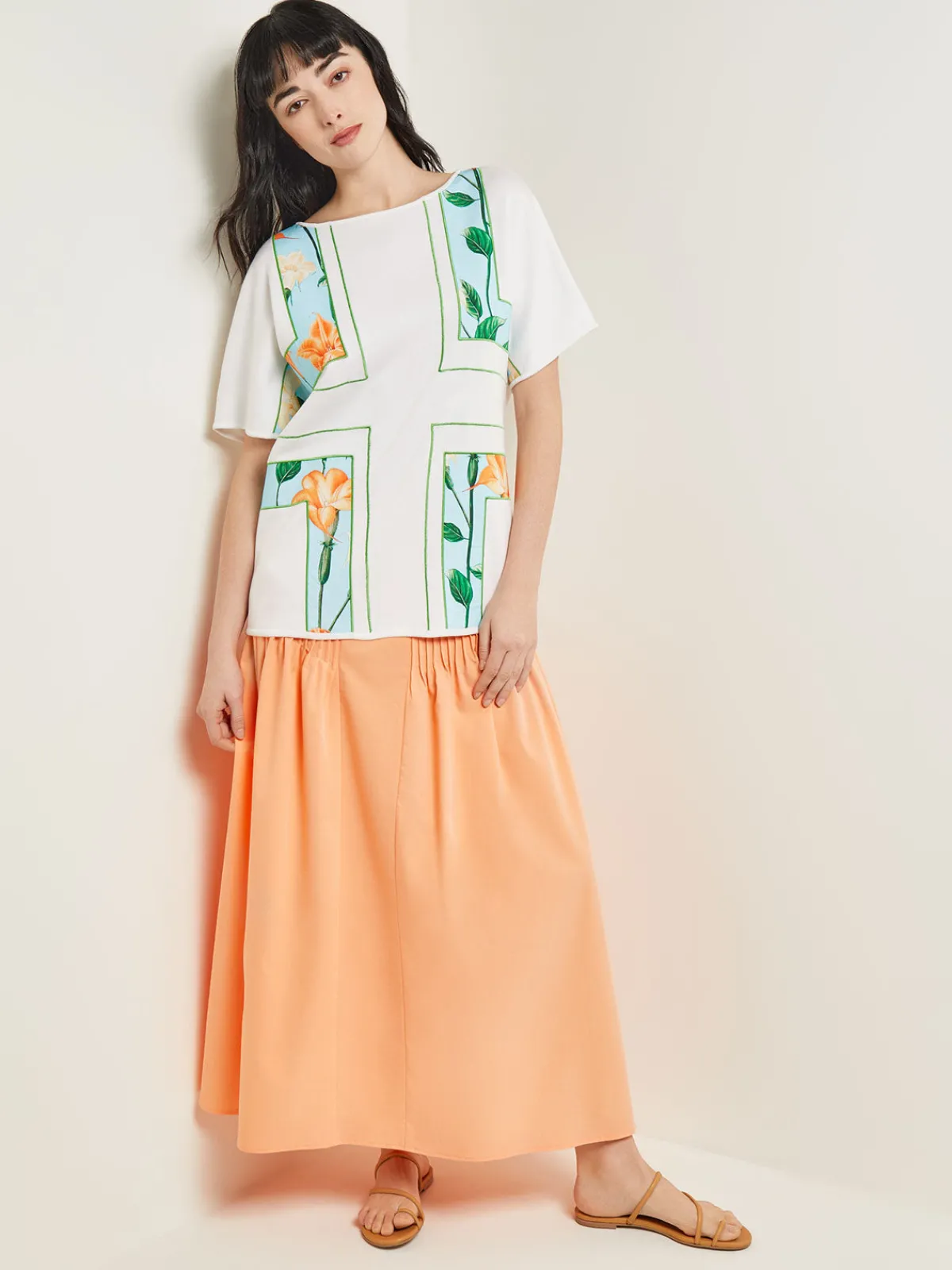 Tops & Tees|Misook Dolman Sleeve Boat Neck Tunic - Cotton Floral Panel Soft Knit White/CaribbeanMist/PeachBlossom/VerdantClover/PaleGold