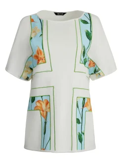 Tops & Tees|Misook Dolman Sleeve Boat Neck Tunic - Cotton Floral Panel Soft Knit White/CaribbeanMist/PeachBlossom/VerdantClover/PaleGold