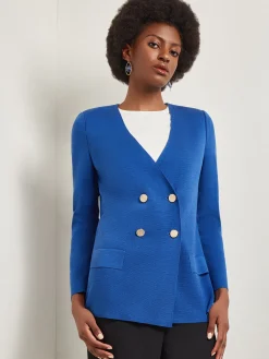 Jackets & Coats|Misook Double Breasted Open Neck Knit Jacket LyonsBlue