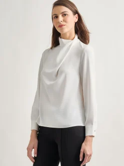 Blouses & Shirts|Tops & Tees|Misook Draped Crepe de Chine Mock Neck Blouse White