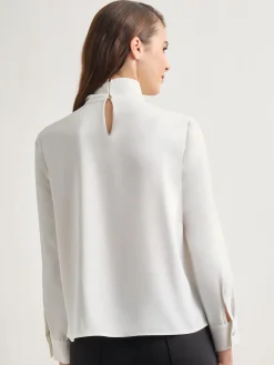 Blouses & Shirts|Tops & Tees|Misook Draped Crepe de Chine Mock Neck Blouse White