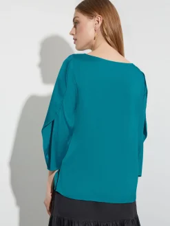 Blouses & Shirts|Tops & Tees|Misook Draped Sleeve Crepe de Chine Blouse FrenchBlue