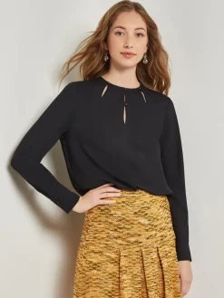 Blouses & Shirts|Tops & Tees|Misook Embellished Neckline Blouse - Crepe De Chine Black
