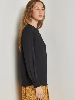 Blouses & Shirts|Tops & Tees|Misook Embellished Neckline Blouse - Crepe De Chine Black