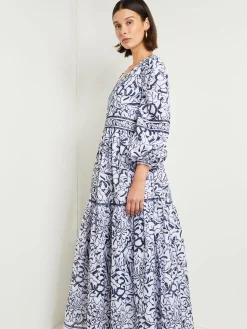 Dresses|Misook Embroidered Floral Cotton Maxi Dress Mazarine/White