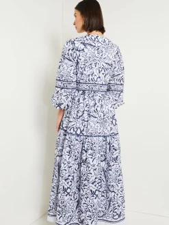 Dresses|Misook Embroidered Floral Cotton Maxi Dress Mazarine/White