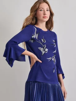Tops & Tees|Misook Embroidered Floral Knit Blouse StarryNightBlue/Mink/NewIvory/Black