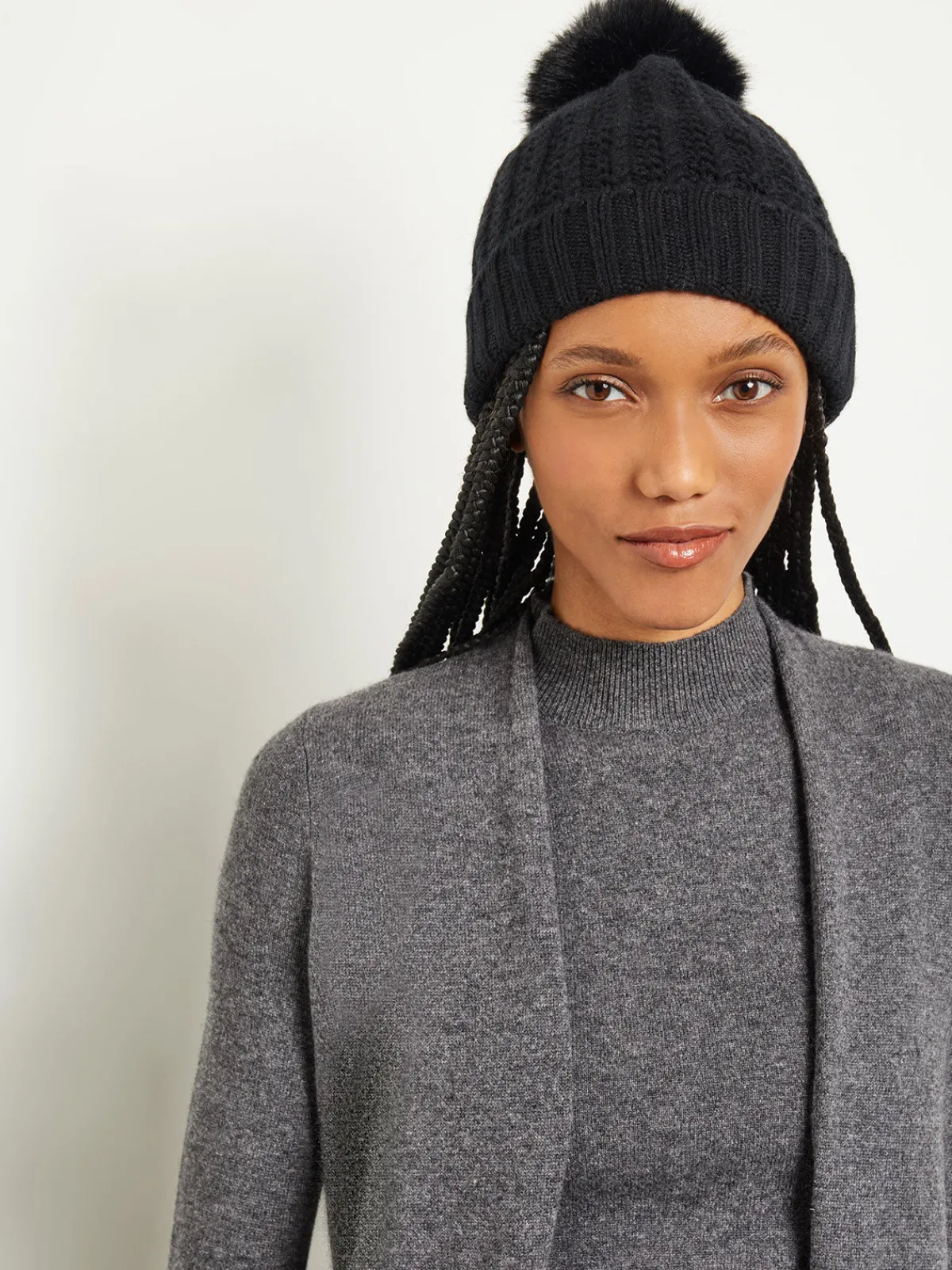 Accessories|Misook Faux Fur Pom Pom Cashmere Hat Black
