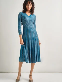Dresses|Misook Fit-and-Flare Linear Textured Knit Midi Dress TidalTeal/Macchiato