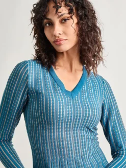 Dresses|Misook Fit-and-Flare Linear Textured Knit Midi Dress TidalTeal/Macchiato