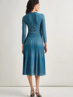 Dresses|Misook Fit-and-Flare Linear Textured Knit Midi Dress TidalTeal/Macchiato