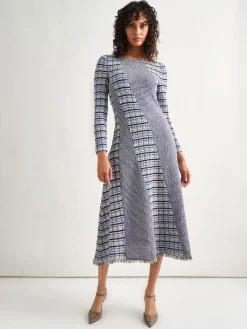 Dresses|Misook Fit-and-Flare Multi-Stitch Tweed Maxi Dress StarryNightBlue/CornflowerBlue/Parchment/Black