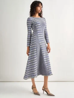 Dresses|Misook Fit-and-Flare Multi-Stitch Tweed Maxi Dress StarryNightBlue/CornflowerBlue/Parchment/Black