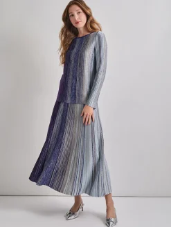 Skirts|Misook Flared Shimmer Lurex Knit Maxi Skirt StarryNightBlue/Black/BlueHeather/Mink/PlumRoyale