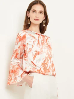 Blouses & Shirts|Tops & Tees|Misook Flounce Sleeve Blouse - Jewel Neck Print Crepe de Chine Spice/Citrine/ItalianClay/Biscotti/LightBiscotti