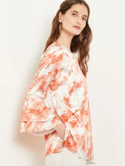 Blouses & Shirts|Tops & Tees|Misook Flounce Sleeve Blouse - Jewel Neck Print Crepe de Chine Spice/Citrine/ItalianClay/Biscotti/LightBiscotti