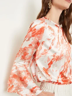 Blouses & Shirts|Tops & Tees|Misook Flounce Sleeve Blouse - Jewel Neck Print Crepe de Chine Spice/Citrine/ItalianClay/Biscotti/LightBiscotti