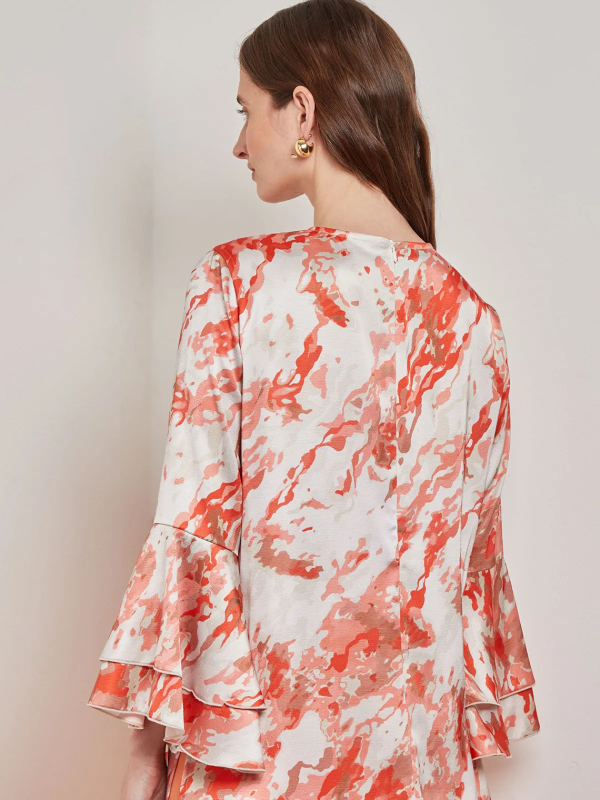 Blouses & Shirts|Tops & Tees|Misook Flounce Sleeve Blouse - Jewel Neck Print Crepe de Chine Spice/Citrine/ItalianClay/Biscotti/LightBiscotti