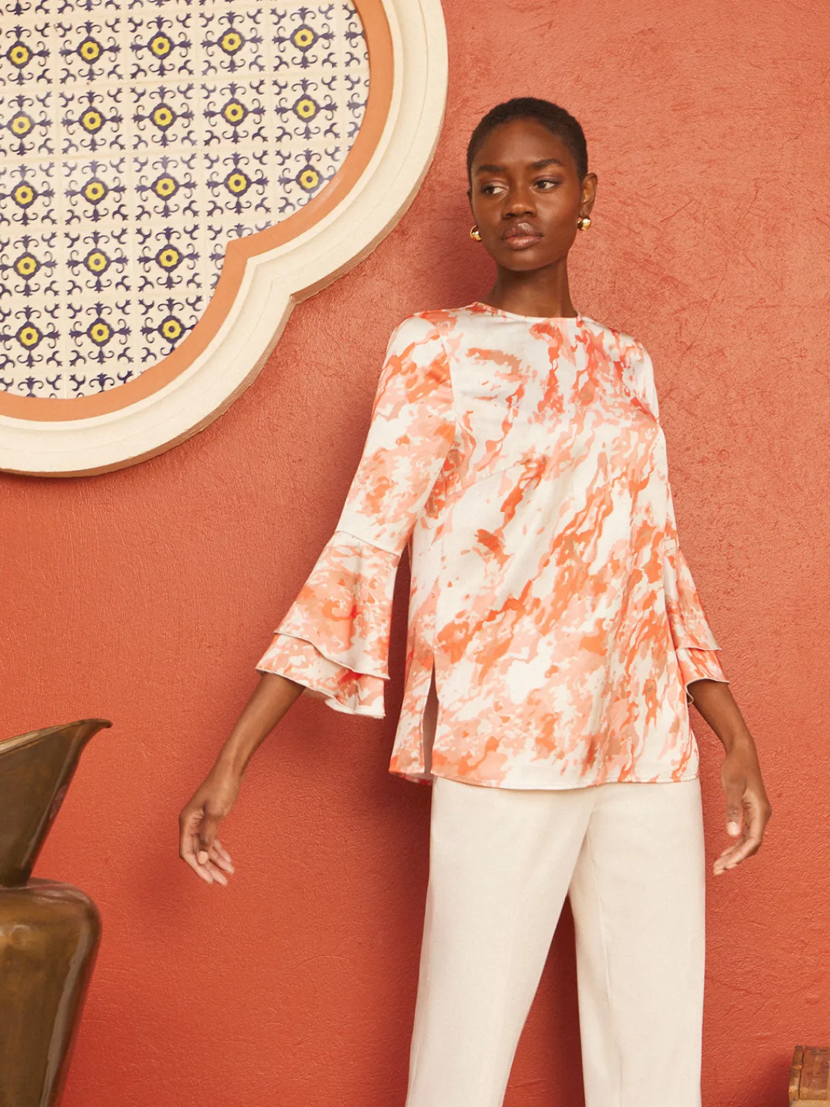 Blouses & Shirts|Tops & Tees|Misook Flounce Sleeve Blouse - Jewel Neck Print Crepe de Chine Spice/Citrine/ItalianClay/Biscotti/LightBiscotti