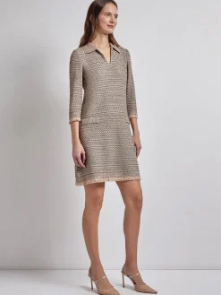 Dresses|Misook Fringe Trim Intarsia Knit Shift Dress Black/Sand/Biscotti