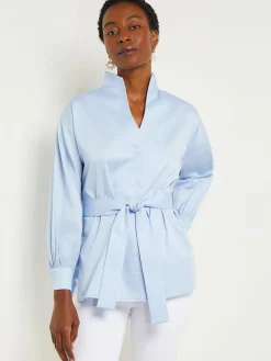 Blouses & Shirts|Tops & Tees|Misook Funnel Neck Belted Cotton Blouse CirrusBlue