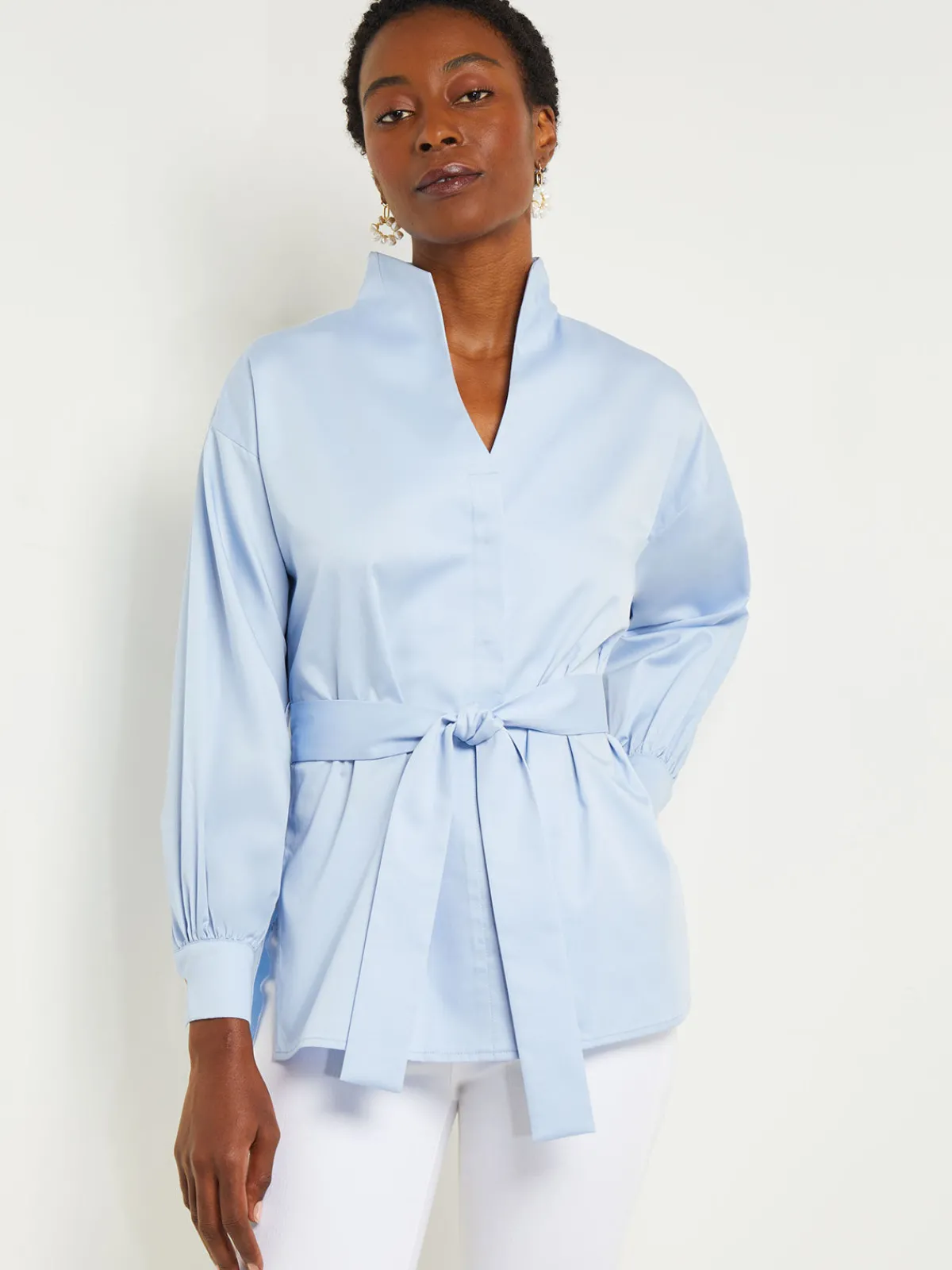 Blouses & Shirts|Tops & Tees|Misook Funnel Neck Belted Cotton Blouse CirrusBlue