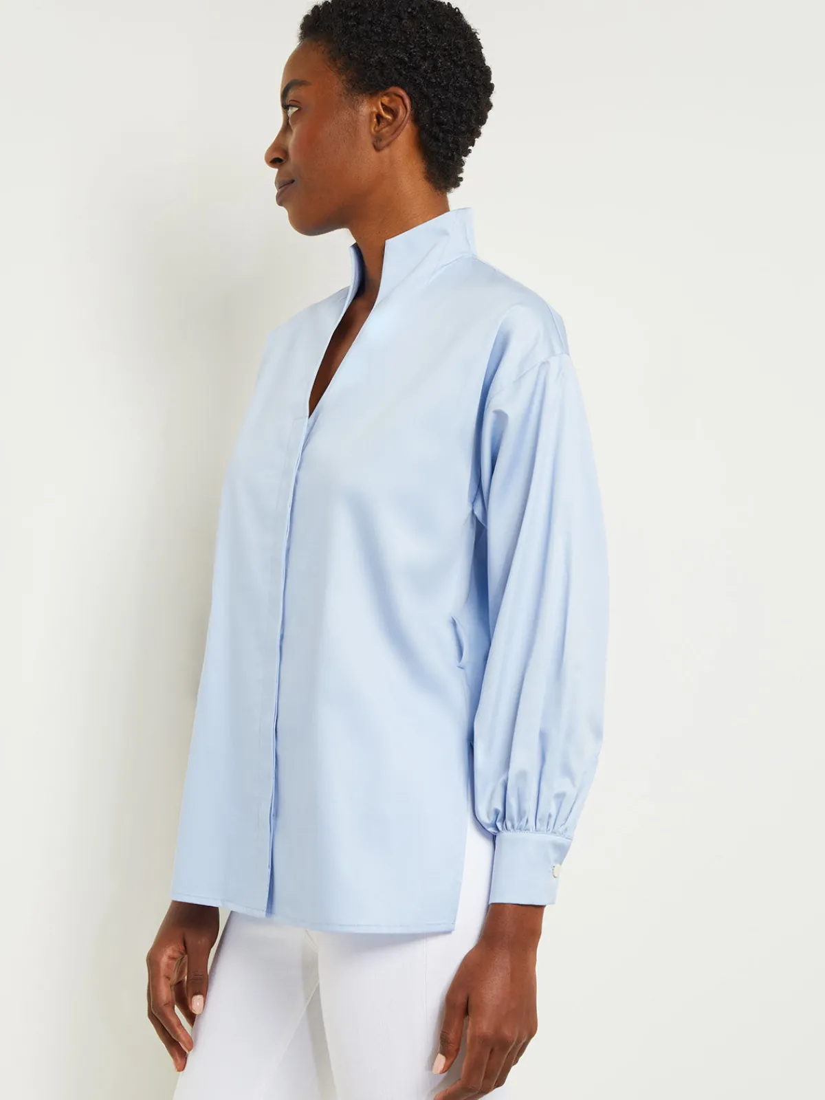 Blouses & Shirts|Tops & Tees|Misook Funnel Neck Belted Cotton Blouse CirrusBlue