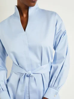 Blouses & Shirts|Tops & Tees|Misook Funnel Neck Belted Cotton Blouse CirrusBlue