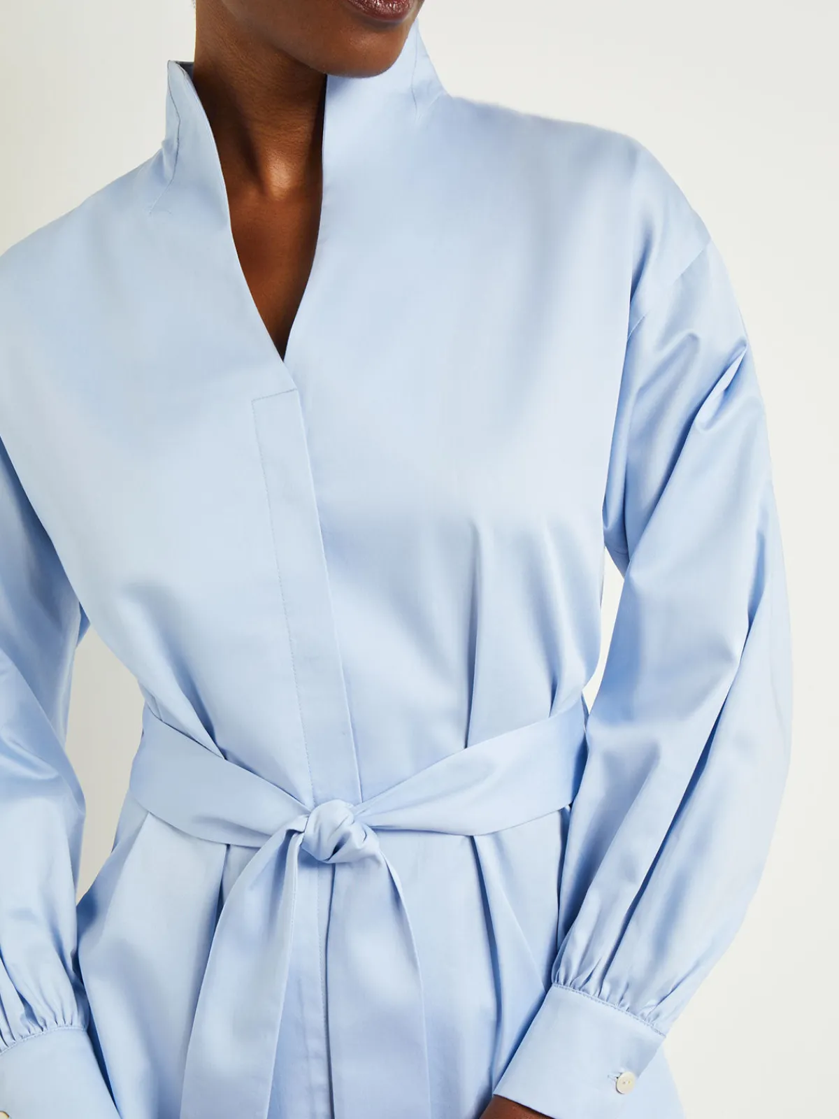 Blouses & Shirts|Tops & Tees|Misook Funnel Neck Belted Cotton Blouse CirrusBlue