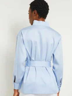 Blouses & Shirts|Tops & Tees|Misook Funnel Neck Belted Cotton Blouse CirrusBlue