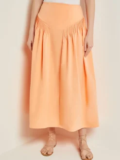 Skirts|Misook Godet Midi Skirt - Pleated Faux Cupro Silk PeachBlossom