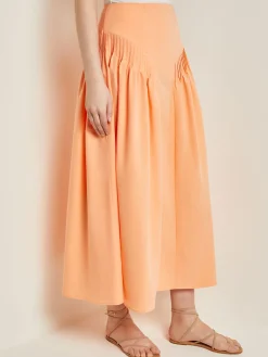 Skirts|Misook Godet Midi Skirt - Pleated Faux Cupro Silk PeachBlossom