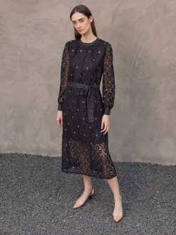 Dresses|Misook Gold Grommet Laced Shift Midi Dress Black