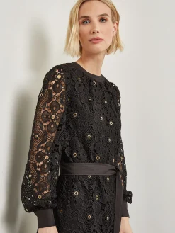 Dresses|Misook Gold Grommet Laced Shift Midi Dress Black