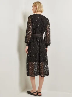 Dresses|Misook Gold Grommet Laced Shift Midi Dress Black