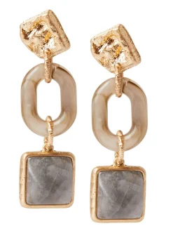 Accessories|Earrings|Misook Hammered Warm 18K Gold Olive Resin & Sage Bead Drop Earrings MatteGold