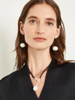 Accessories|Necklaces|Misook Handmade Black Rolo Link Toggle Necklace with Cotton Pearl Pendant Pearl/MatteBlack/Silver