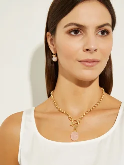 Accessories|Necklaces|Misook Handmade Rose Quartz Pendant Toggle Chain Necklace Gold/Rose