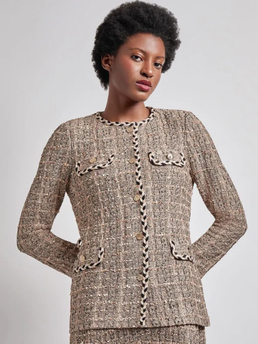 Jackets & Coats|Misook Heritage Fit Braid Trim Tweed Knit Jacket Sand/Biscotti/Black