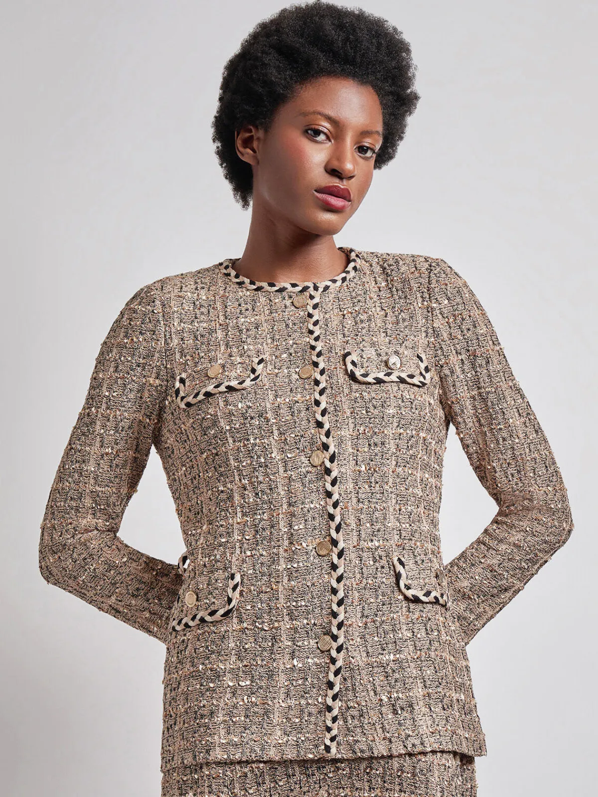 Jackets & Coats|Misook Heritage Fit Braid Trim Tweed Knit Jacket Sand/Biscotti/Black