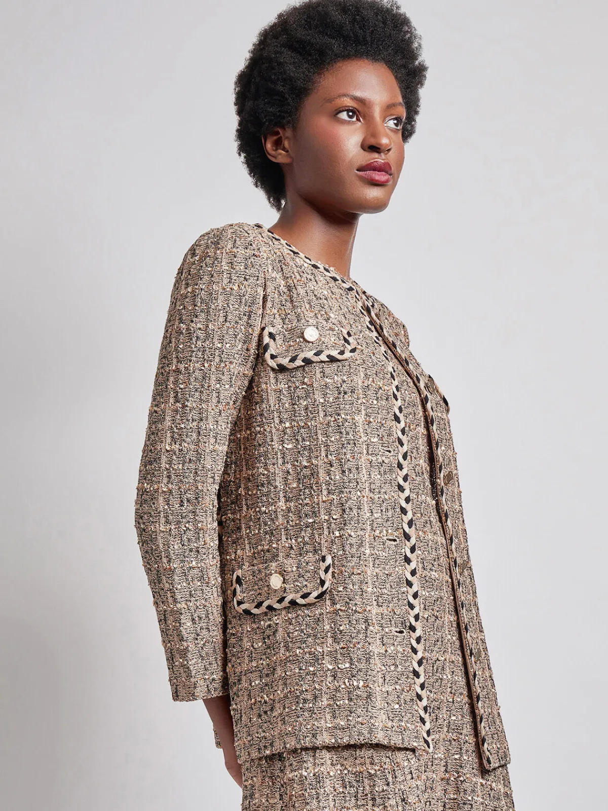 Jackets & Coats|Misook Heritage Fit Braid Trim Tweed Knit Jacket Sand/Biscotti/Black