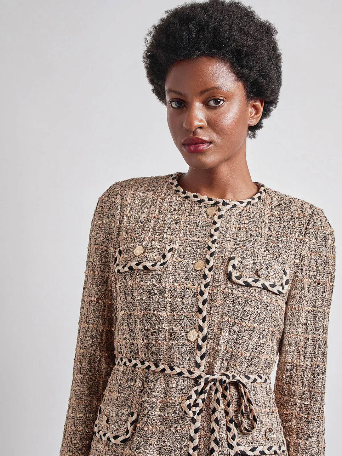 Jackets & Coats|Misook Heritage Fit Braid Trim Tweed Knit Jacket Sand/Biscotti/Black