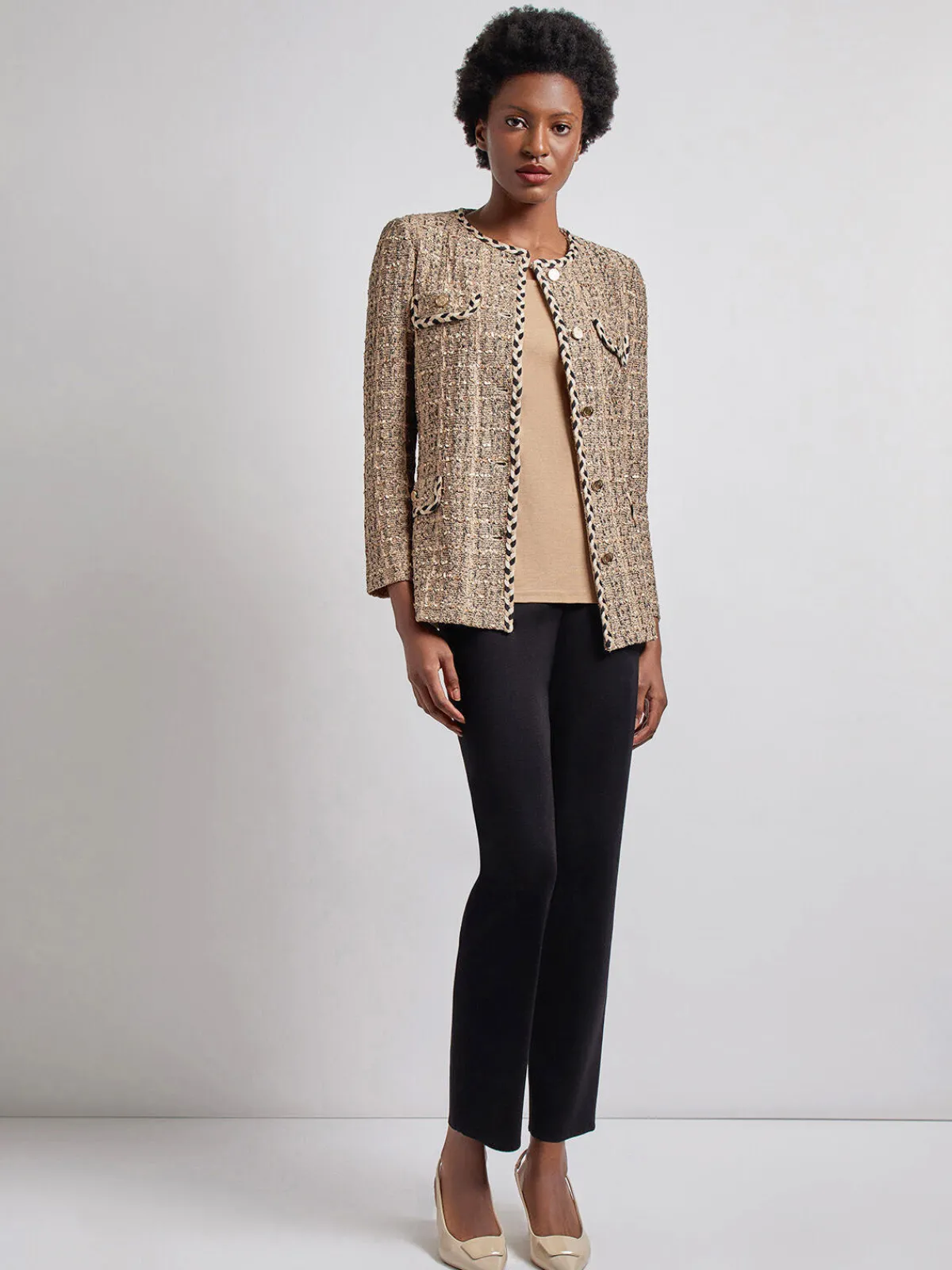 Jackets & Coats|Misook Heritage Fit Braid Trim Tweed Knit Jacket Sand/Biscotti/Black