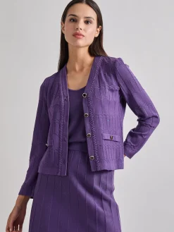 Jackets & Coats|Misook Heritage Fit Braided Trim Tonal Zig-Zag Knit Cardigan PlumRoyale