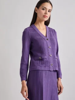 Jackets & Coats|Misook Heritage Fit Braided Trim Tonal Zig-Zag Knit Cardigan PlumRoyale