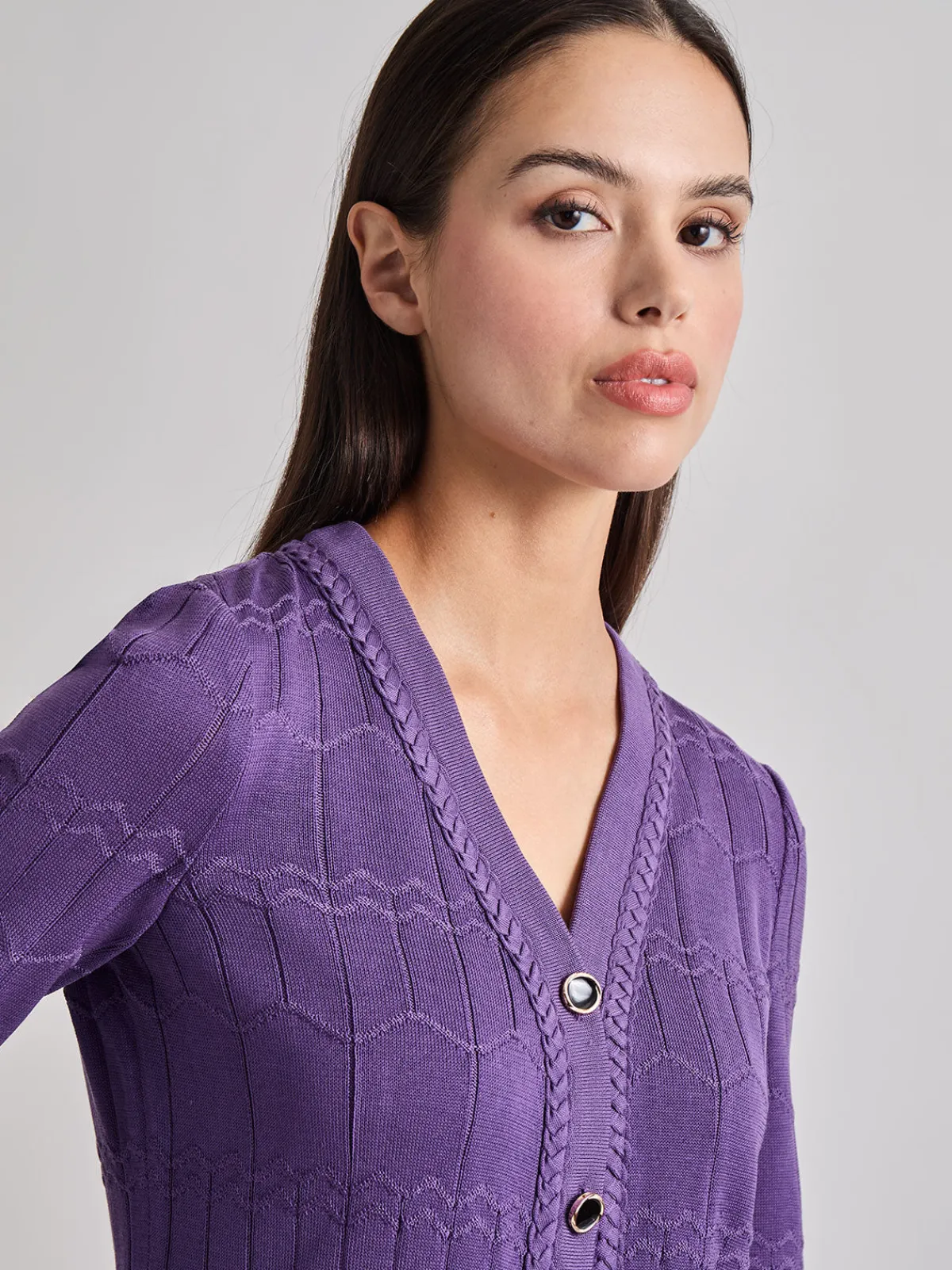 Jackets & Coats|Misook Heritage Fit Braided Trim Tonal Zig-Zag Knit Cardigan PlumRoyale