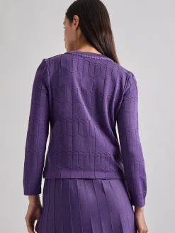 Jackets & Coats|Misook Heritage Fit Braided Trim Tonal Zig-Zag Knit Cardigan PlumRoyale