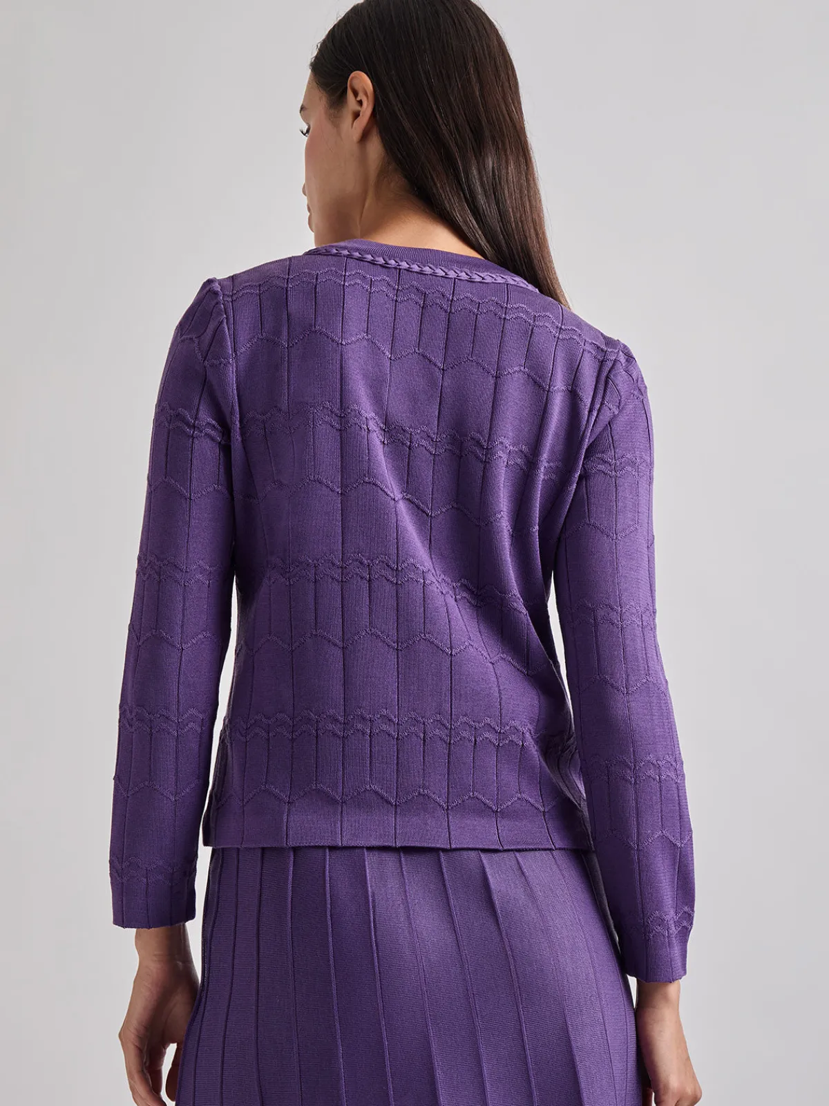 Jackets & Coats|Misook Heritage Fit Braided Trim Tonal Zig-Zag Knit Cardigan PlumRoyale